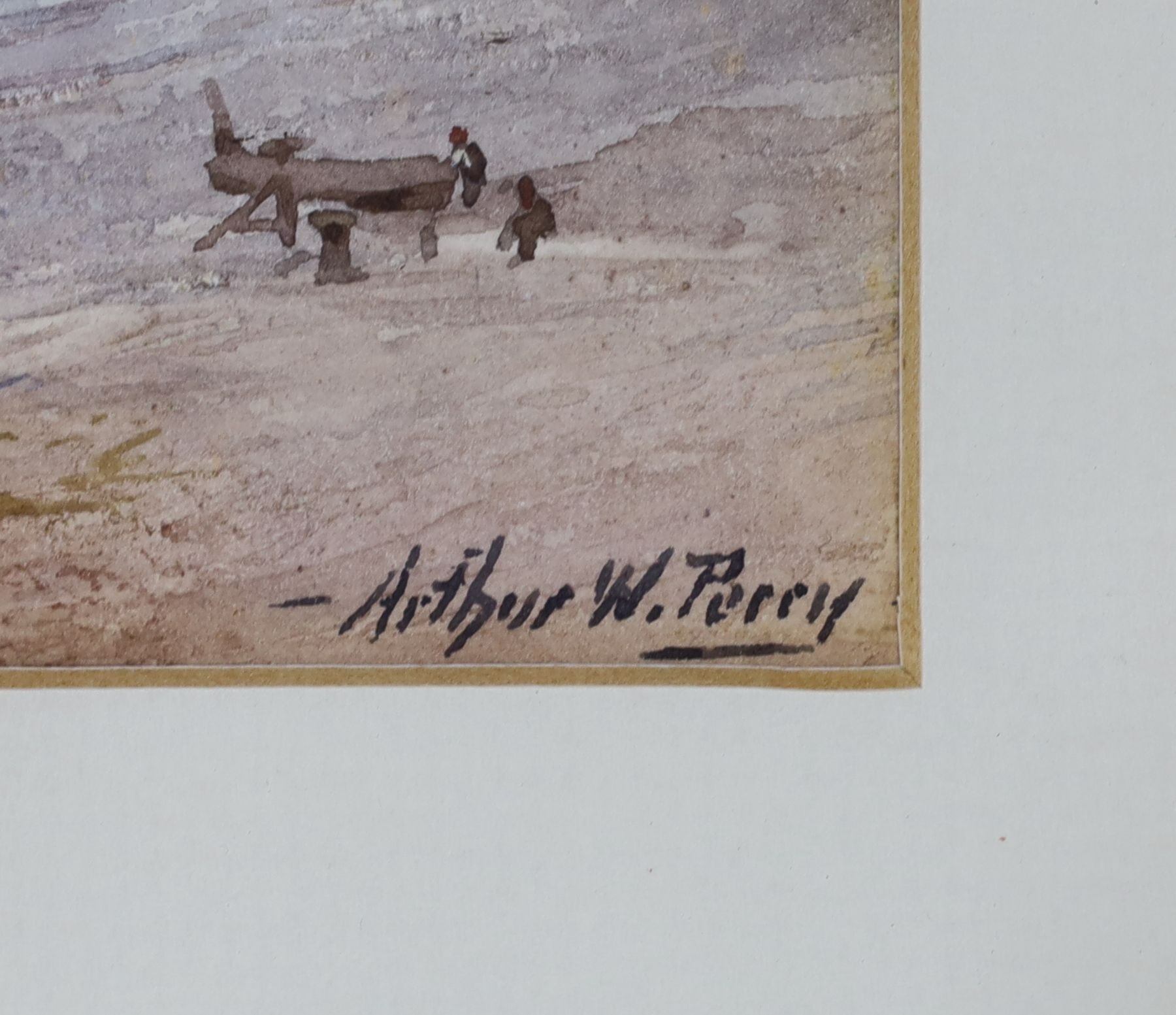 Arthur W. Perry (1908-1939), watercolour, Fishing boats on the shore, signed, 12 x 29cm